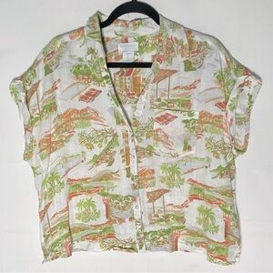 Cynthia Rowley White Green Tropical Print Linen Button Up Shirt L